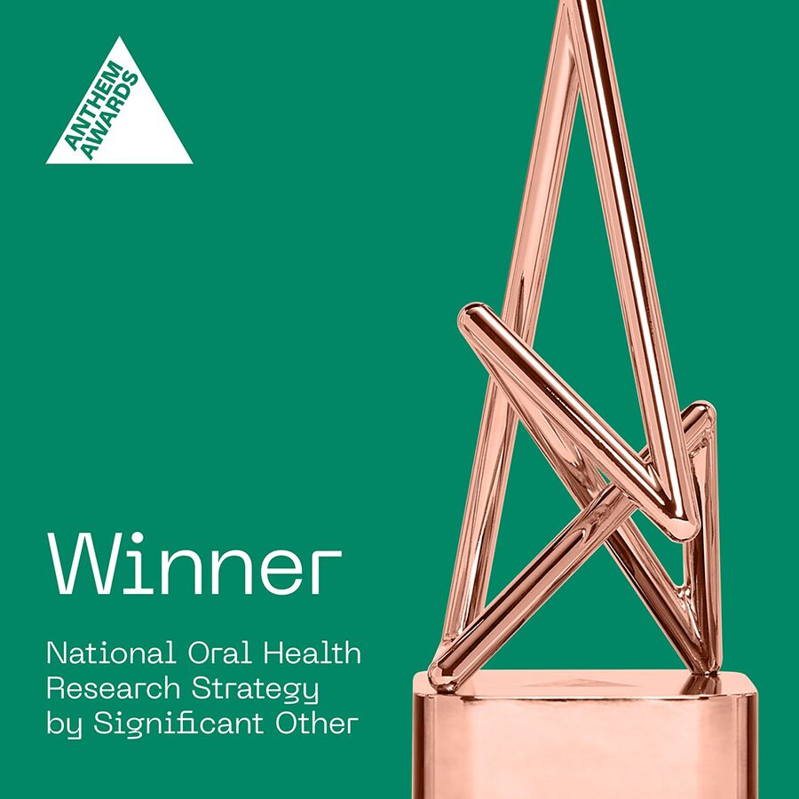 Closeup shot of Anthem Awards bronze trophy for the National Oral Health Strategy