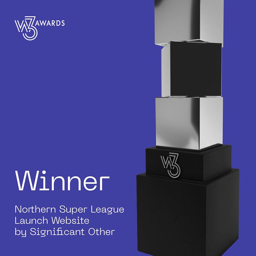 Closeup shot of W3 Awards silver trophy for the Northern Super League launch website